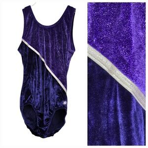 Women's Purple Velvet Tank Top Leotard Gold Trim Velour Gymnastic Dance Tumbling